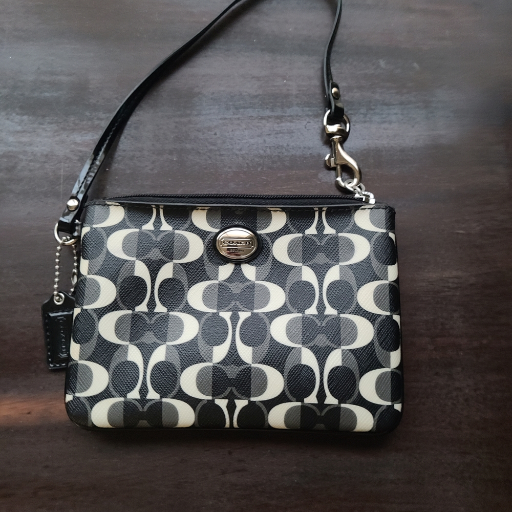 Coach Signature Classic C Black, Cream, And Gray Wristlet